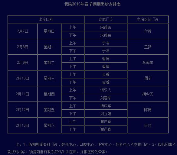 北京八大处和上海九院2016年春节假期出诊安排表